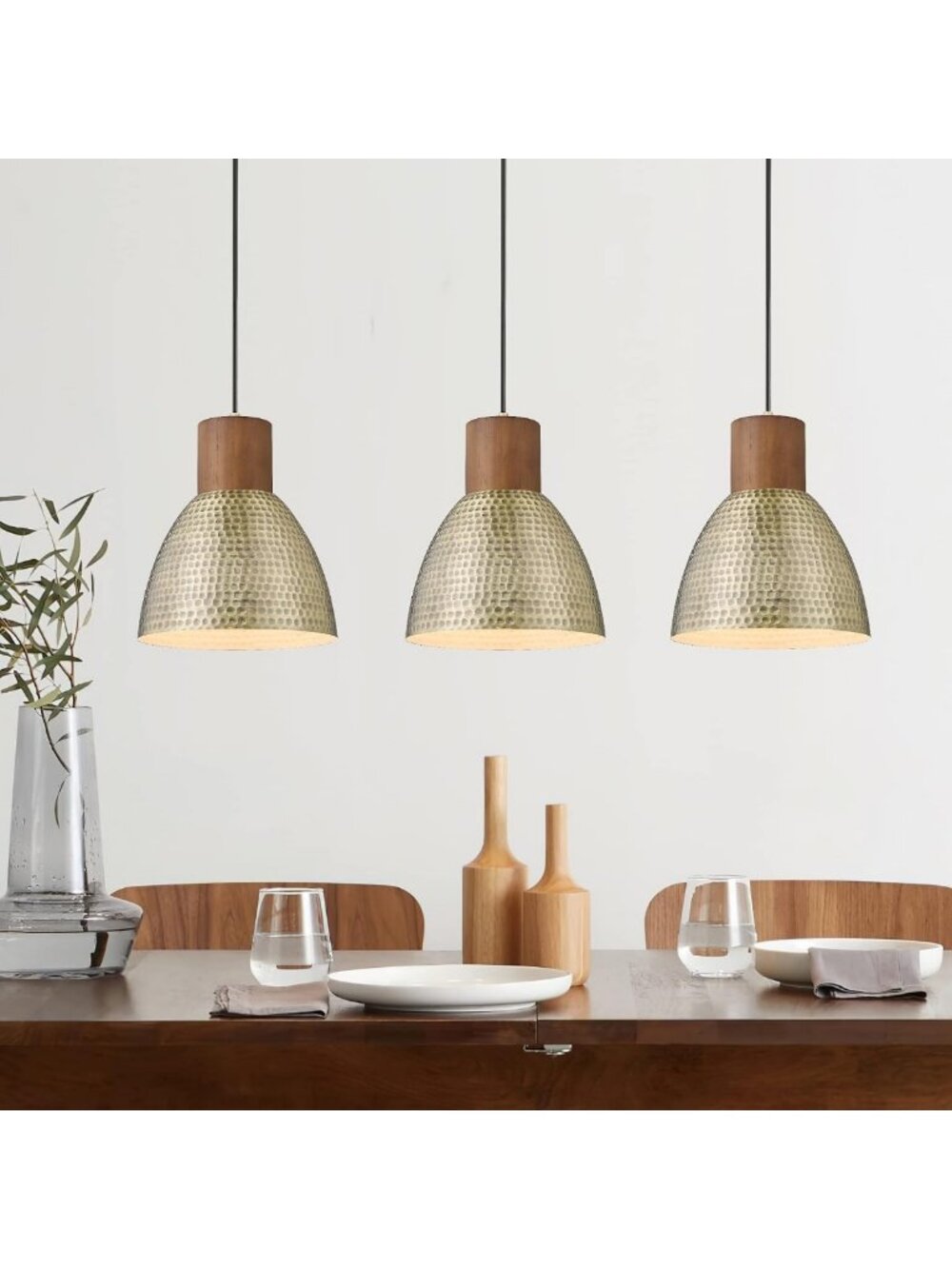 Vintage Hammered Pendant Lights - Adjustable Height, Solid Wood & Metal, 3 Pack